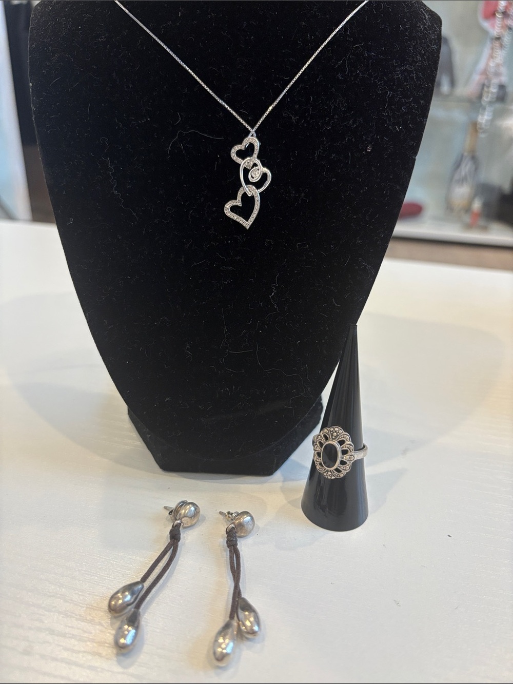 Vintage 925 real Silver CZ Heart Drop Necklace, size 6 Onyx Ring  & Earrings Set